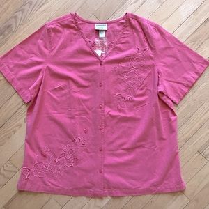 Essentials Maggie Short Sleeve Blouse NEW Plus Size 18W 20W 2X Pink Embroidered